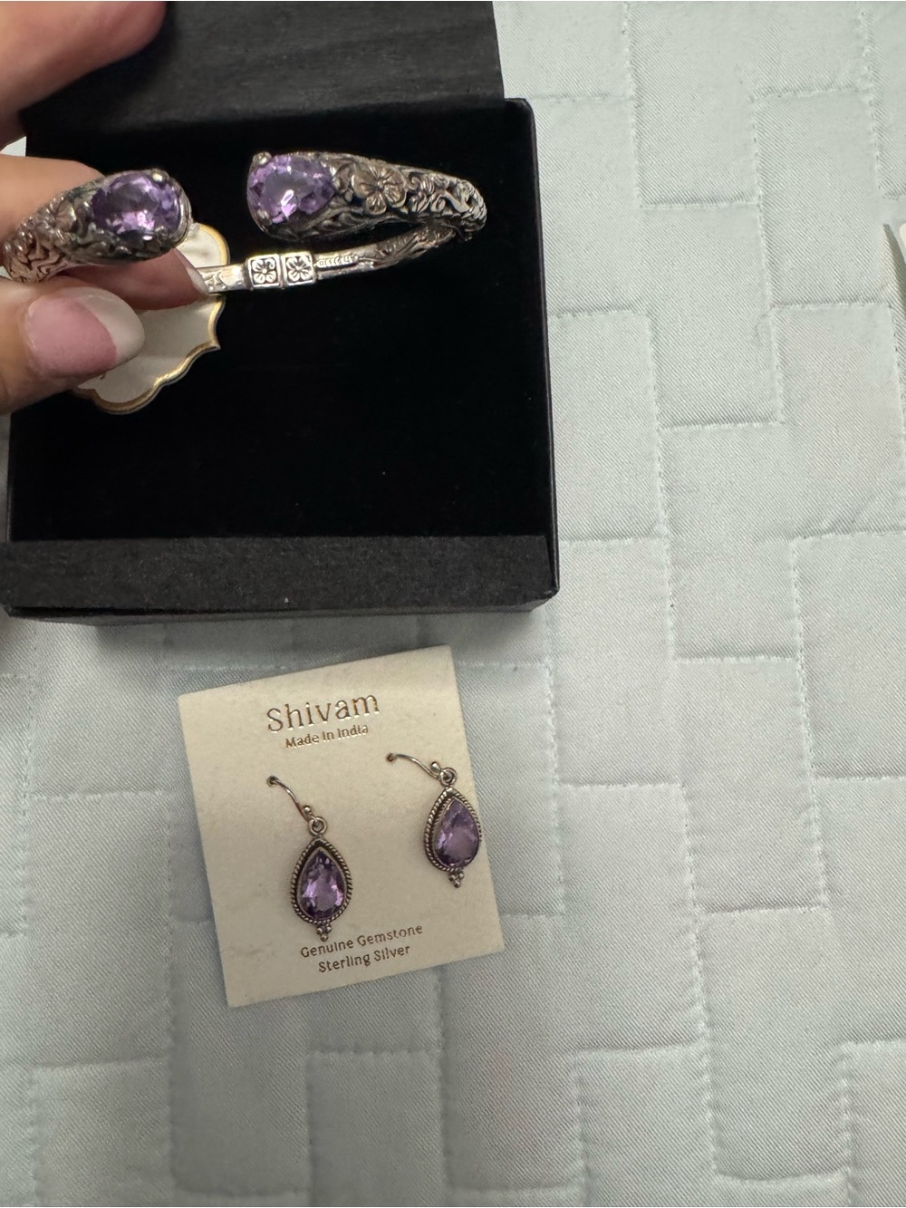 New Sterling Silver Amethyst-Style Cuff Bracelet and earring set - Purple